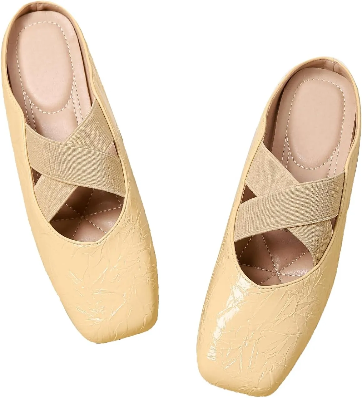 Women's Square Toe Cross Elastic Ties Flat Mules Retro Leather Closed Toe Comfortable Memory Foam Mary Jane Flats Slip On Work Casual Walking Shoes Slippers