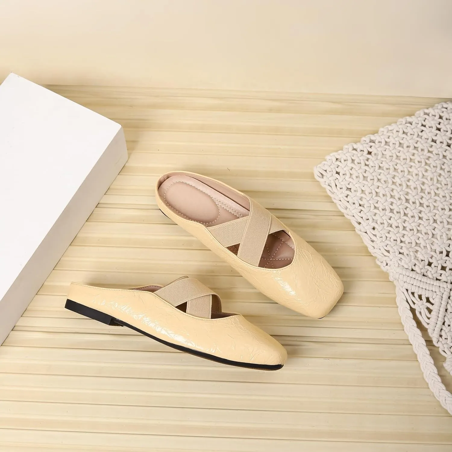 Women's Square Toe Cross Elastic Ties Flat Mules Retro Leather Closed Toe Comfortable Memory Foam Mary Jane Flats Slip On Work Casual Walking Shoes Slippers