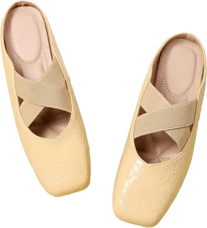 Women's Square Toe Cross Elastic Ties Flat Mules Retro Leather Closed Toe Comfortable Memory Foam Mary Jane Flats Slip On Work Casual Walking Shoes Slippers