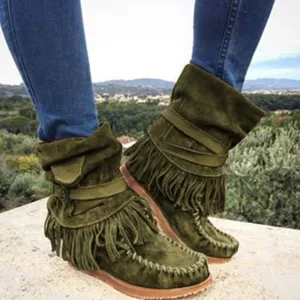 Womens Suede Fringe Ankle Boots Vintage Boho Fringe Tassel Flat Heel Western Cowgirl Boots Retro Ethnic Mid Calf Booties