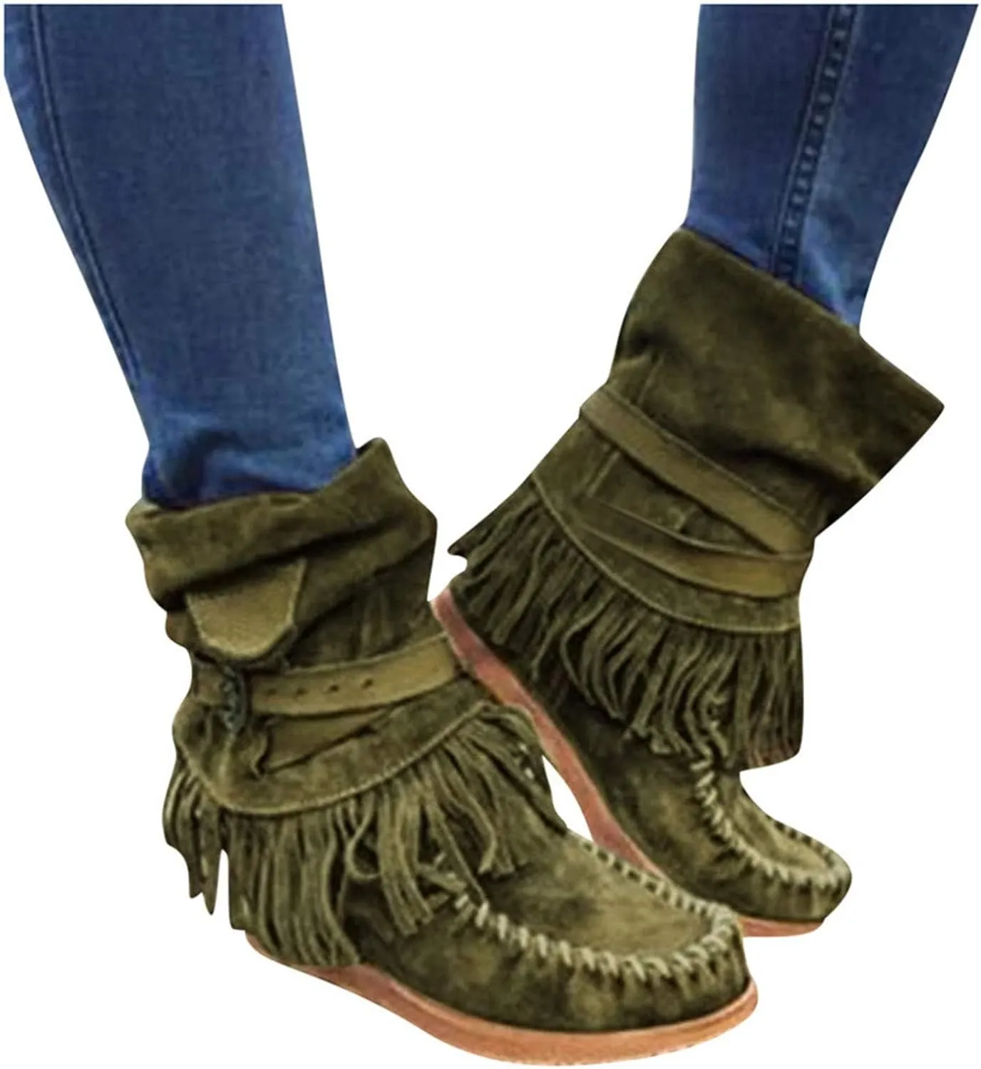 Womens Suede Fringe Ankle Boots Vintage Boho Fringe Tassel Flat Heel Western Cowgirl Boots Retro Ethnic Mid Calf Booties