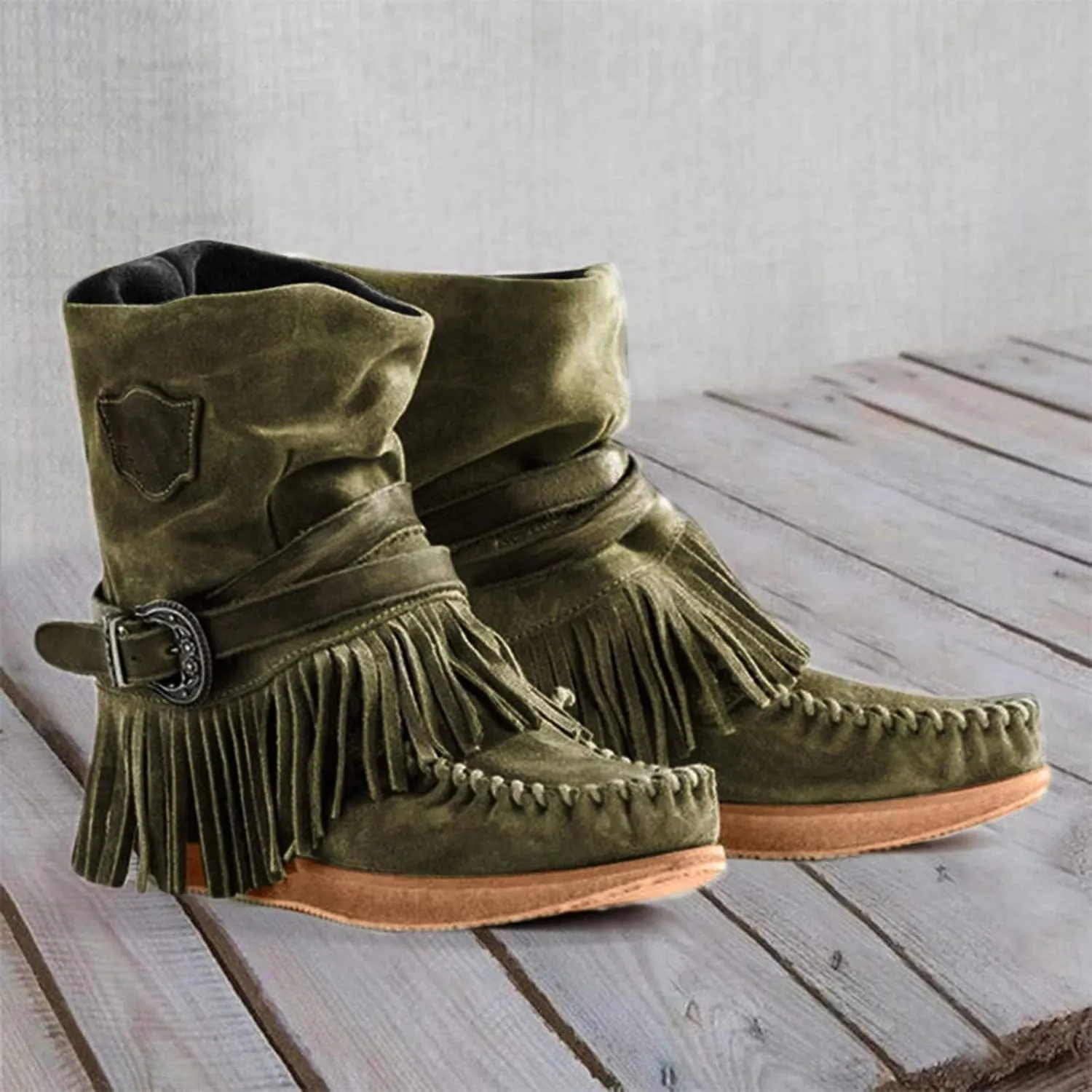 Womens Suede Fringe Ankle Boots Vintage Boho Fringe Tassel Flat Heel Western Cowgirl Boots Retro Ethnic Mid Calf Booties