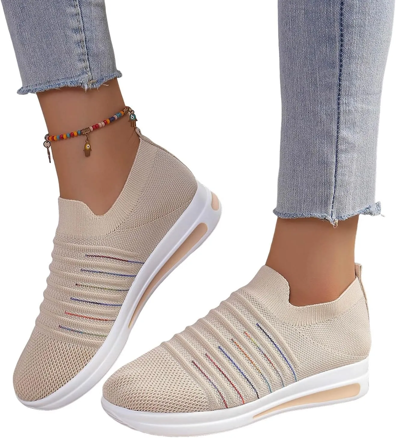 Womens Summer Breathable Shoes Soft Sole Flying Mesh Slip On Shoes for Women Non Slip Comfortable Non Slip Thick Sole Loafers Travel Friendly Shoe,Daily Workout Working Lightweight Shoe,
