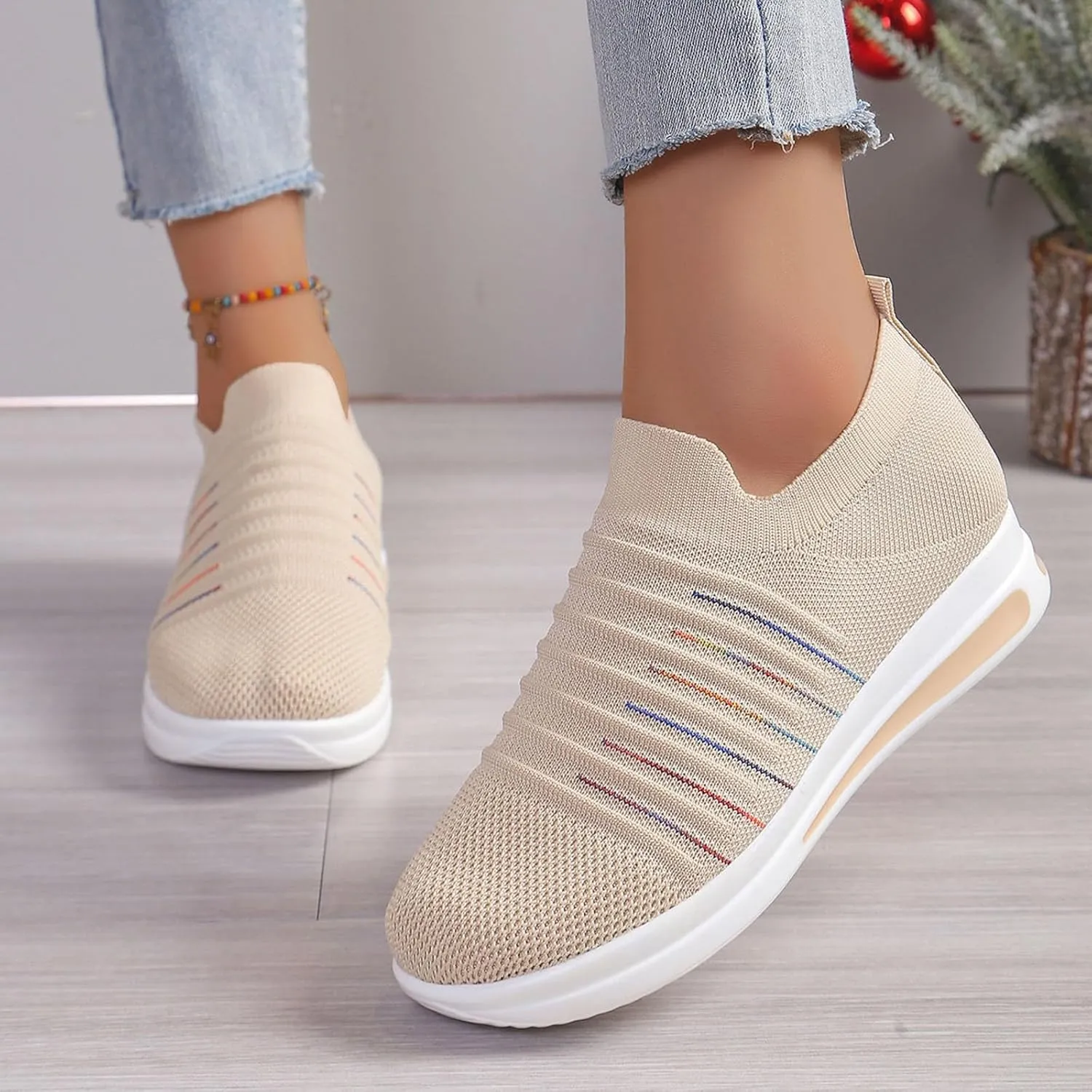 Womens Summer Breathable Shoes Soft Sole Flying Mesh Slip On Shoes for Women Non Slip Comfortable Non Slip Thick Sole Loafers Travel Friendly Shoe,Daily Workout Working Lightweight Shoe,