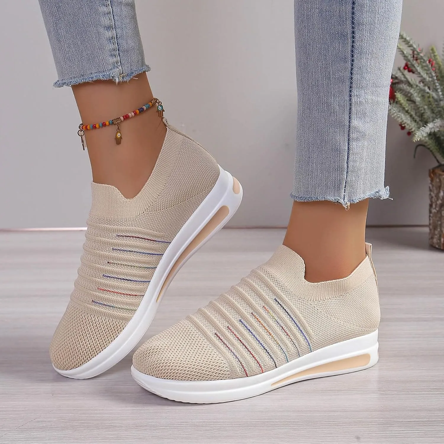 Womens Summer Breathable Shoes Soft Sole Flying Mesh Slip On Shoes for Women Non Slip Comfortable Non Slip Thick Sole Loafers Travel Friendly Shoe,Daily Workout Working Lightweight Shoe,
