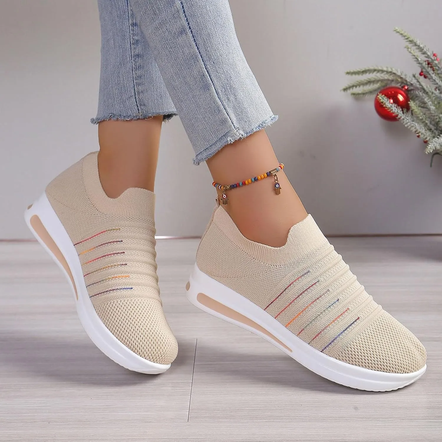Womens Summer Breathable Shoes Soft Sole Flying Mesh Slip On Shoes for Women Non Slip Comfortable Non Slip Thick Sole Loafers Travel Friendly Shoe,Daily Workout Working Lightweight Shoe,