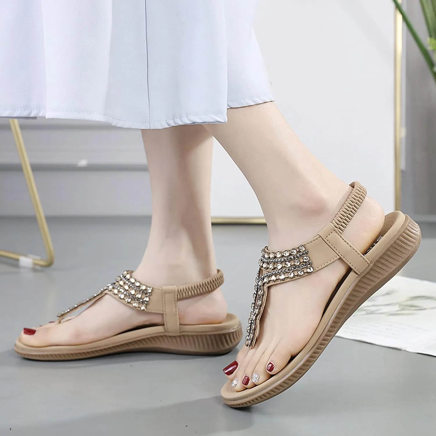Women's Summer Sandals Beach Bohemian Beaded Ankle Walking Strap Casual Flip Flops Ladies Sexy Flats Comfortable Shoes