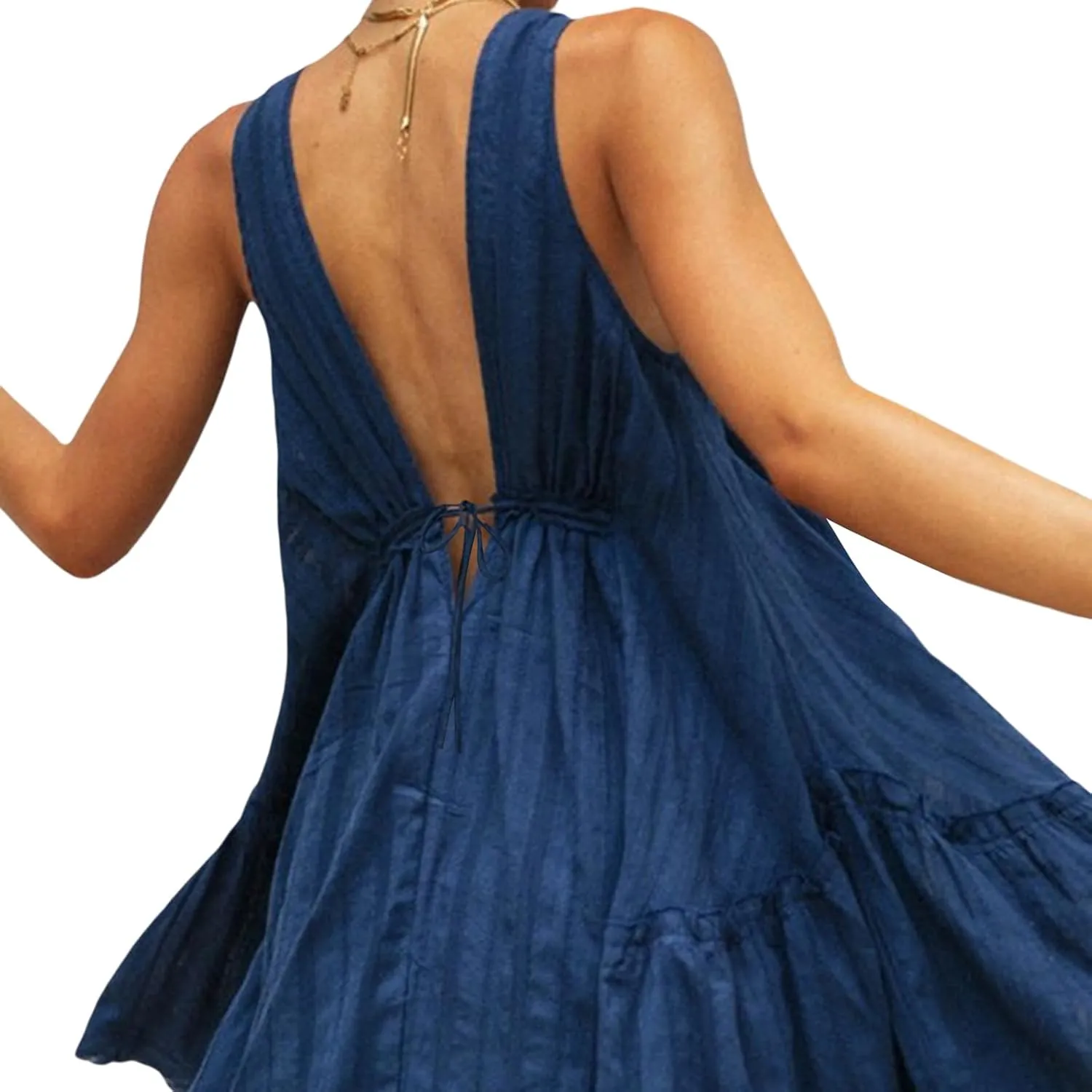 Womens Summer Sleeveless Mini Dress Casual Loose V Neck Tie-Up A-line Dress Swing Flowy Beach Sundress