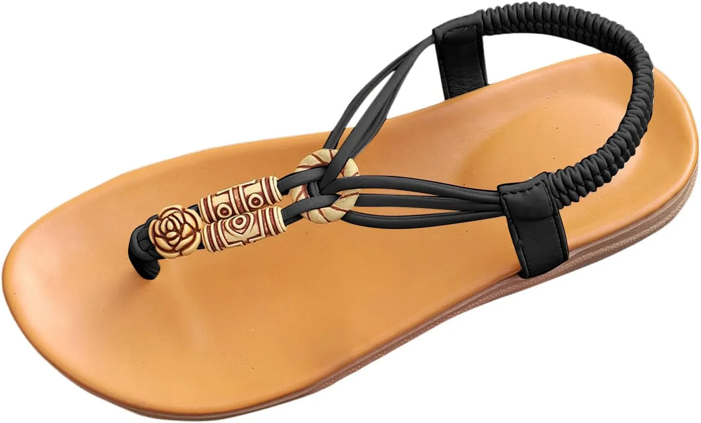Women's T-Strap Beaded Rhinestone Flat Sandals Bohemian Dressy Sandal Summer Beach Non Slip Sandals