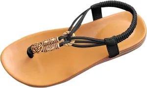 Women's T-Strap Beaded Rhinestone Flat Sandals Bohemian Dressy Sandal Summer Beach Non Slip Sandals