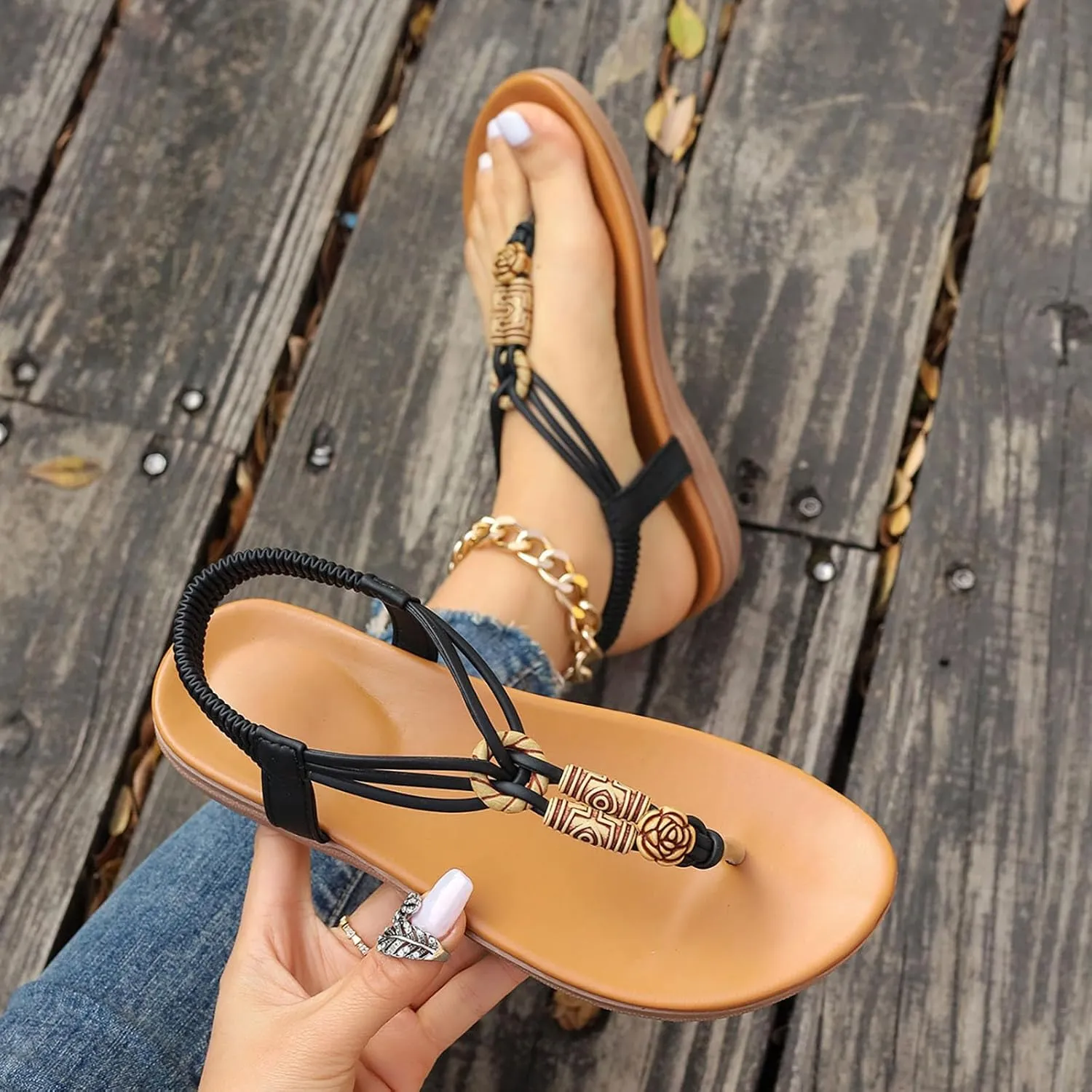 Women's T-Strap Beaded Rhinestone Flat Sandals Bohemian Dressy Sandal Summer Beach Non Slip Sandals