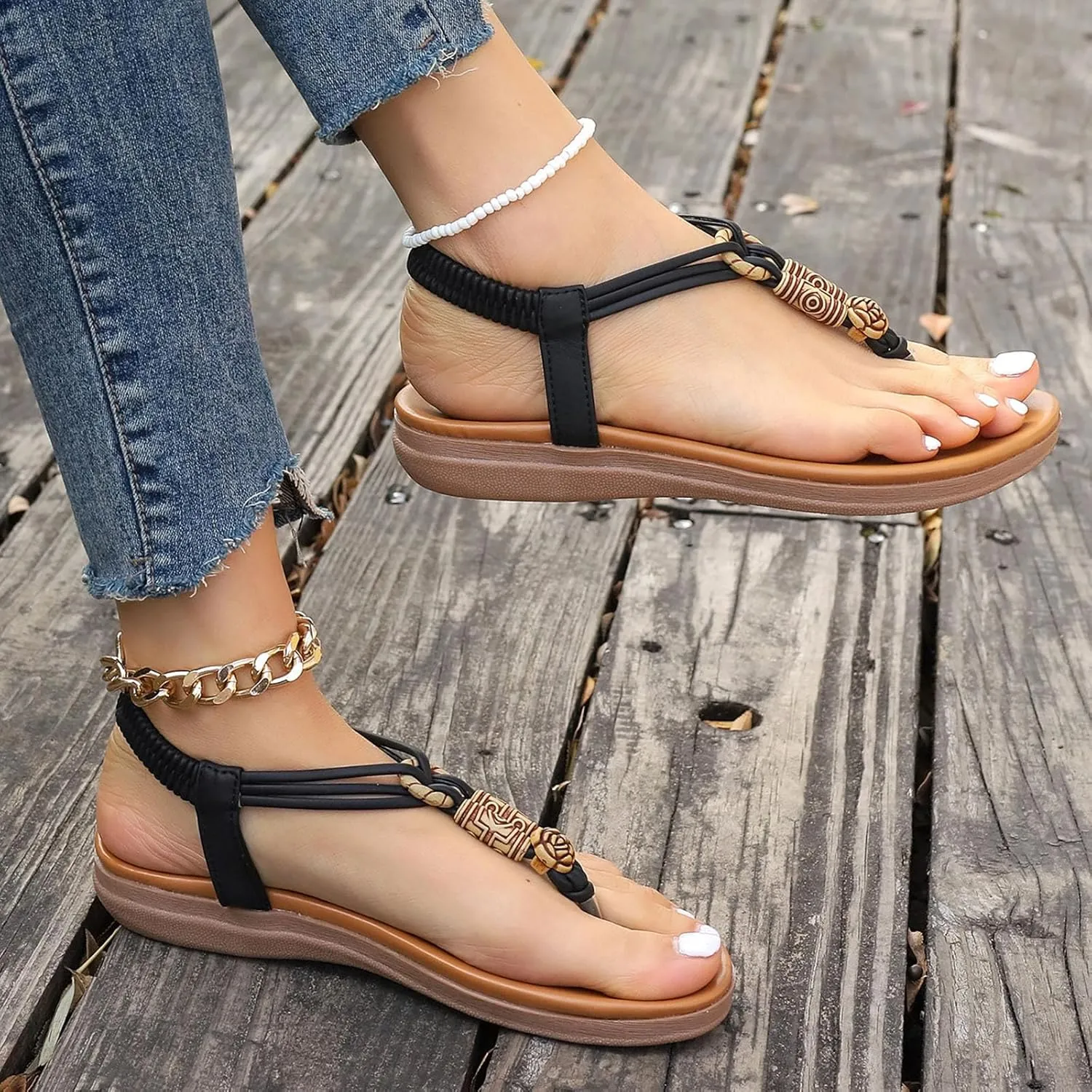 Women's T-Strap Beaded Rhinestone Flat Sandals Bohemian Dressy Sandal Summer Beach Non Slip Sandals