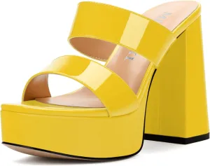 Women's Two Straps High Chunky Heels Sandals Slip on Open Square Toe Block Platform Heels Sandals for Women Holiday Party Wedding Dress Sandals Shoes