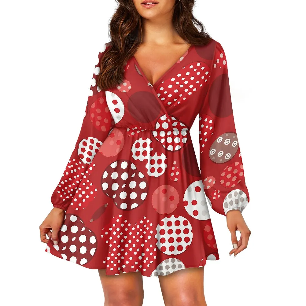 Women's V-neck A-Line Red & White Polka Dot dress