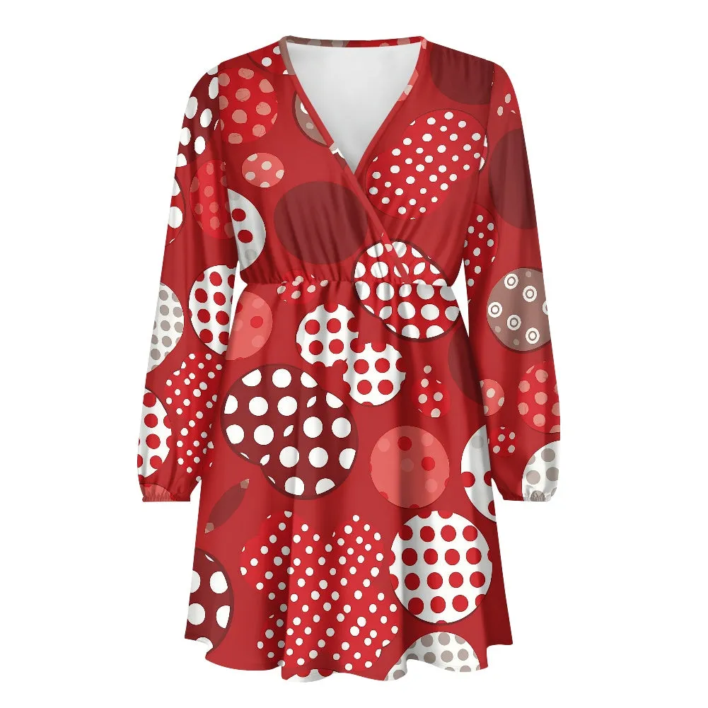 Women's V-neck A-Line Red & White Polka Dot dress