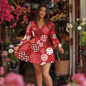 Women's V-neck A-Line Red & White Polka Dot dress