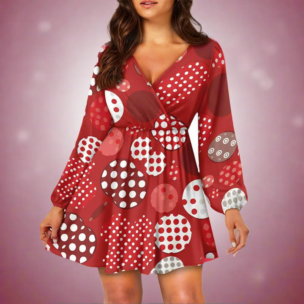 Women's V-neck A-Line Red & White Polka Dot dress
