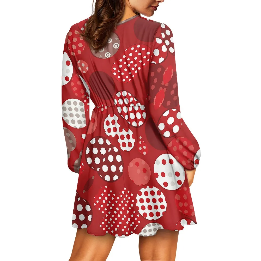Women's V-neck A-Line Red & White Polka Dot dress
