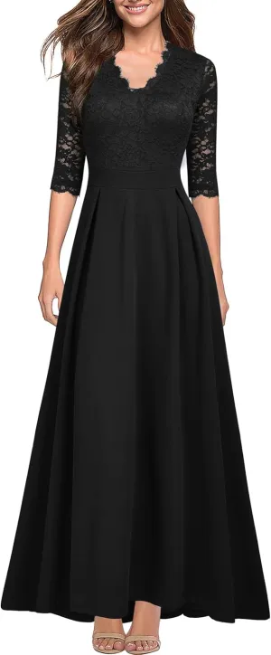 Women's V Neck Lace Vintage Formal Bridesmaid Wedding Long Dress