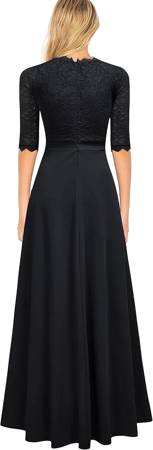 Women's V Neck Lace Vintage Formal Bridesmaid Wedding Long Dress