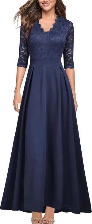 Women's V Neck Lace Vintage Formal Bridesmaid Wedding Long Dress