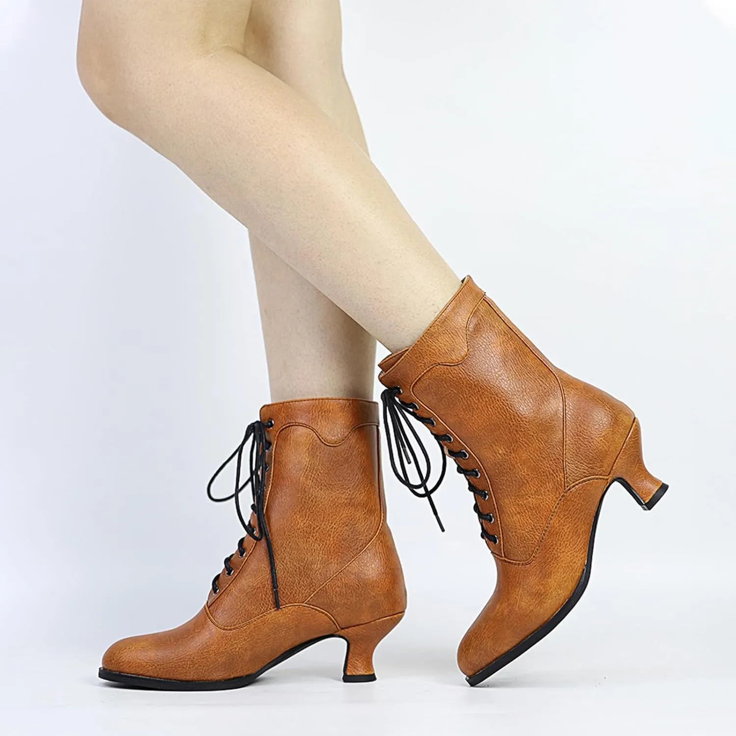 Women's Victorian Ankle Boots - Mid Calf, Round Toe, Black Boots with Chunky Heel & Lace Up Detail