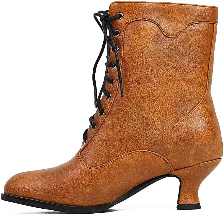 Women's Victorian Ankle Boots - Mid Calf, Round Toe, Black Boots with Chunky Heel & Lace Up Detail