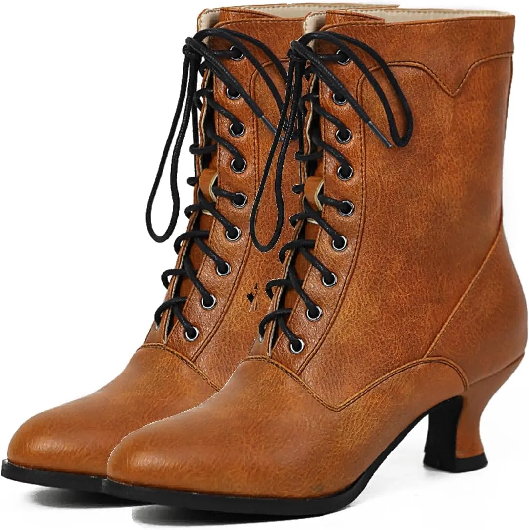 Women's Victorian Ankle Boots - Mid Calf, Round Toe, Black Boots with Chunky Heel & Lace Up Detail