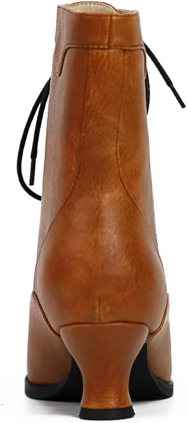 Women's Victorian Ankle Boots - Mid Calf, Round Toe, Black Boots with Chunky Heel & Lace Up Detail