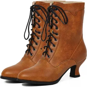 Women's Victorian Ankle Boots - Mid Calf, Round Toe, Black Boots with Chunky Heel & Lace Up Detail