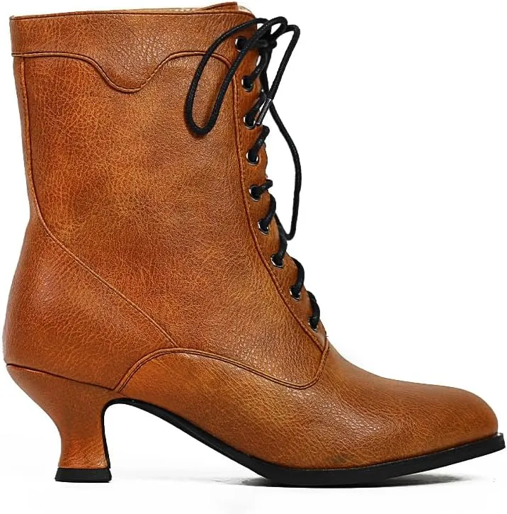 Women's Victorian Ankle Boots - Mid Calf, Round Toe, Black Boots with Chunky Heel & Lace Up Detail