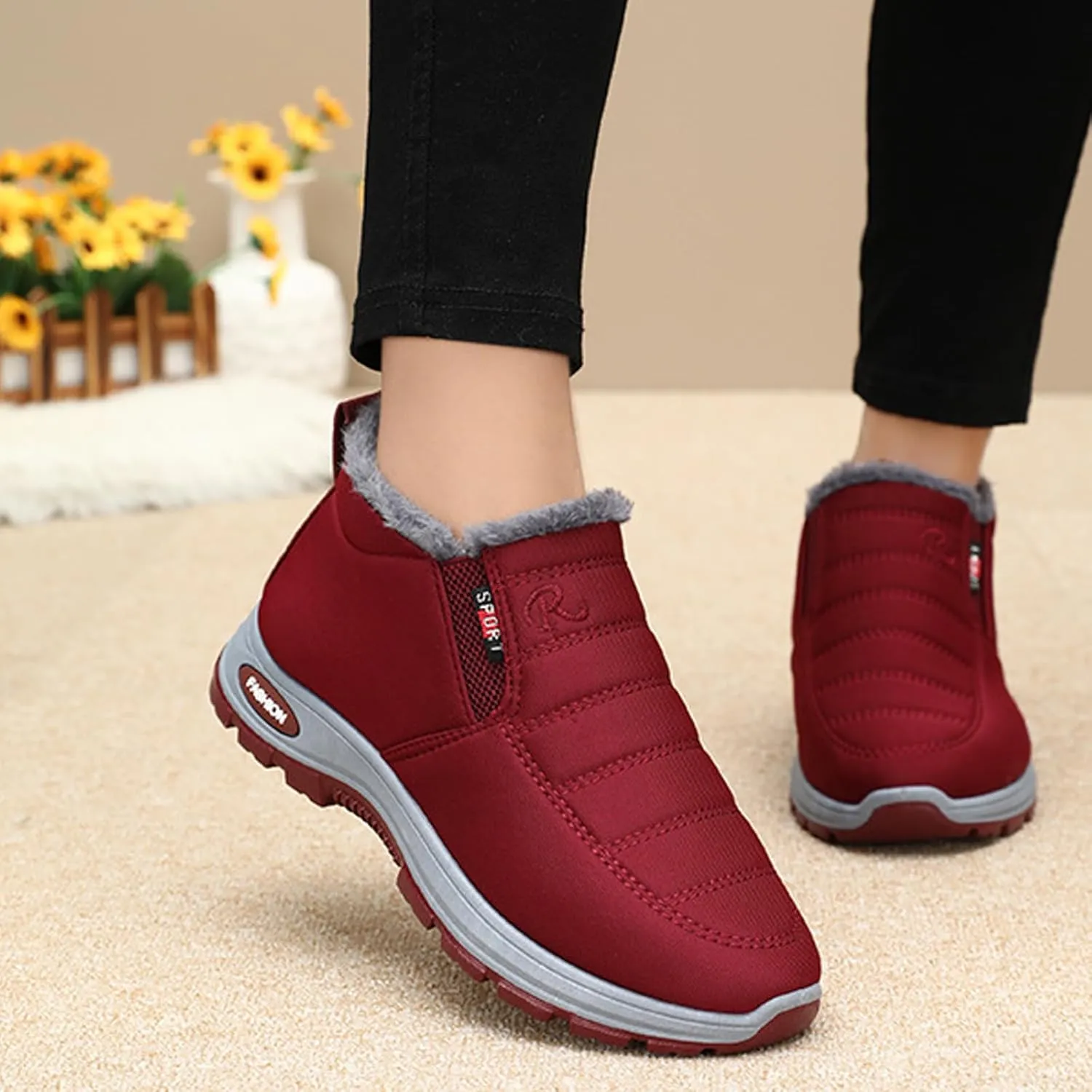 Women's Warm Sheepskin-Lined Boots, Winter Women's Casual Slip-On Warm Boots, Sheepskin Lined Boots Women, Womens Snow Boots Winter Warm Booties Fur Lined Anti-Slip Ankle Booties