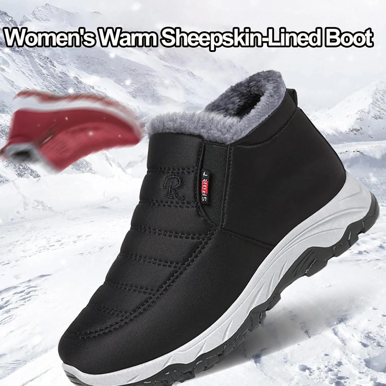 Women's Warm Sheepskin-Lined Boots, Winter Women's Casual Slip-On Warm Boots, Sheepskin Lined Boots Women, Womens Snow Boots Winter Warm Booties Fur Lined Anti-Slip Ankle Booties