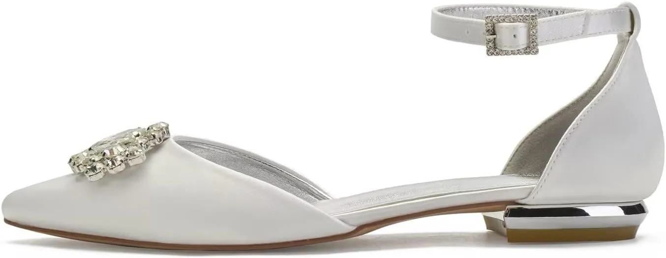 Women's Wedding Flats Pointed Toe Bridal Dress Shoes Pumps Satin Bridal Flats Rhinestones Prom Wedding Shoes for Bride