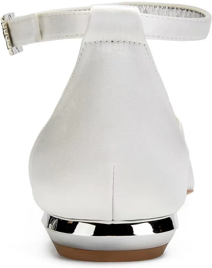 Women's Wedding Flats Pointed Toe Bridal Dress Shoes Pumps Satin Bridal Flats Rhinestones Prom Wedding Shoes for Bride