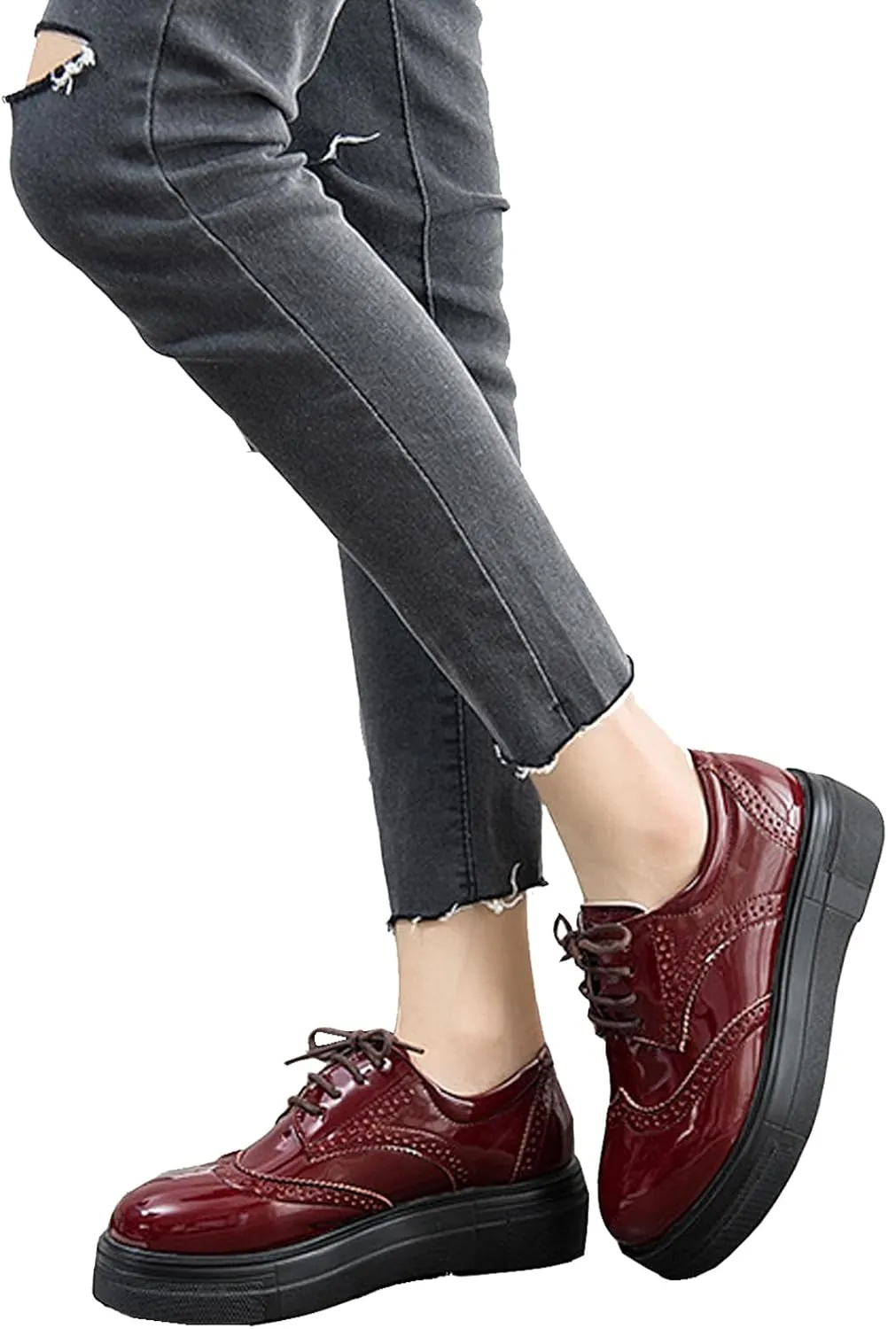 WUIWUIYU Womens Casual Patent Leather Lace-Up British Style Platform Brogues Oxford Saddle Shoes