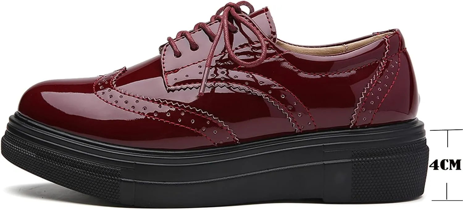 WUIWUIYU Womens Casual Patent Leather Lace-Up British Style Platform Brogues Oxford Saddle Shoes