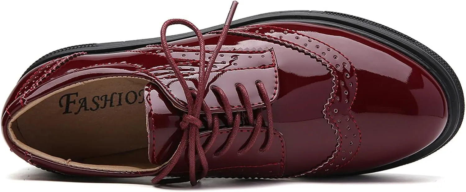 WUIWUIYU Womens Casual Patent Leather Lace-Up British Style Platform Brogues Oxford Saddle Shoes