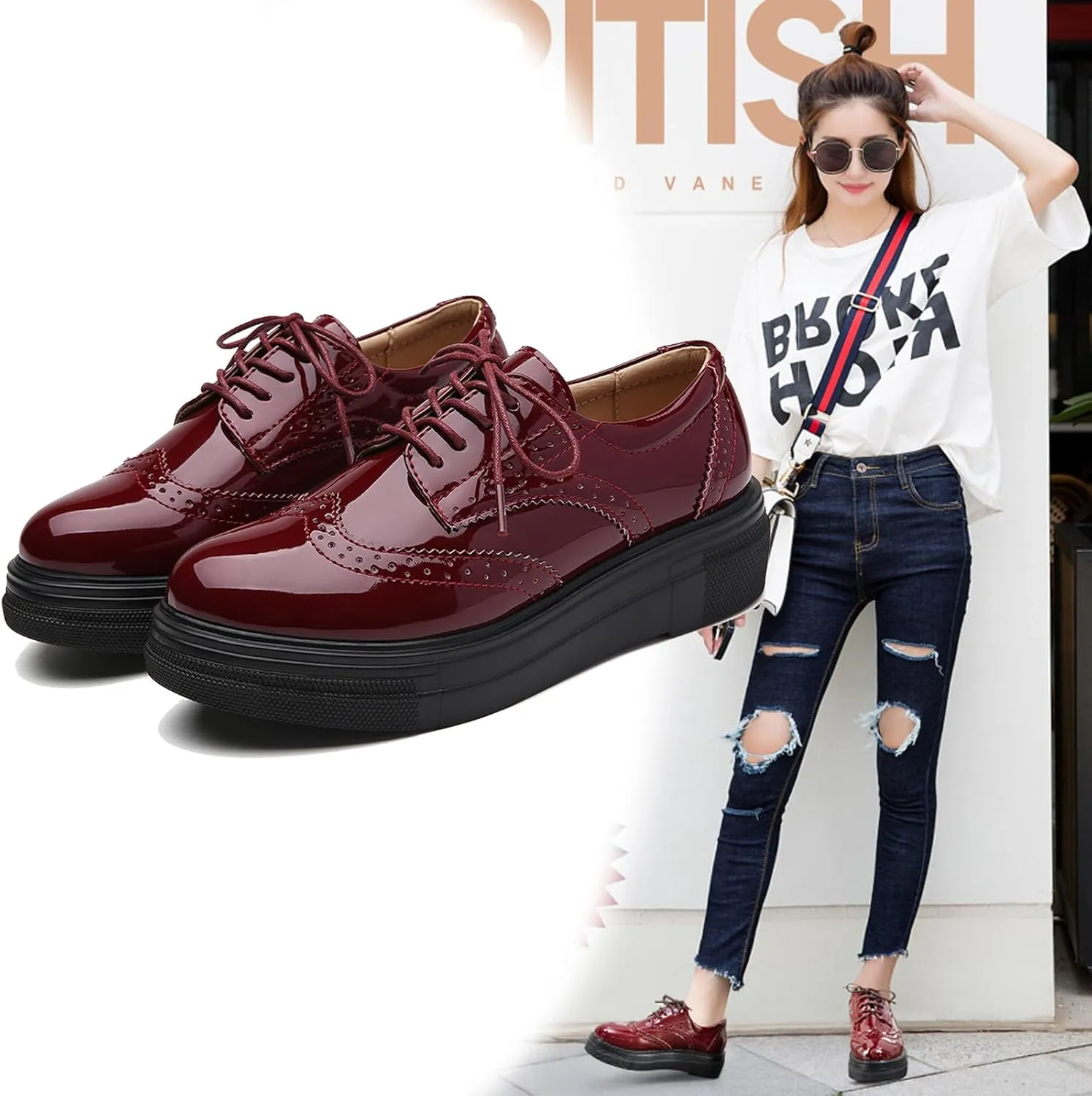 WUIWUIYU Womens Casual Patent Leather Lace-Up British Style Platform Brogues Oxford Saddle Shoes