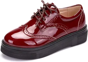 WUIWUIYU Womens Casual Patent Leather Lace-Up British Style Platform Brogues Oxford Saddle Shoes