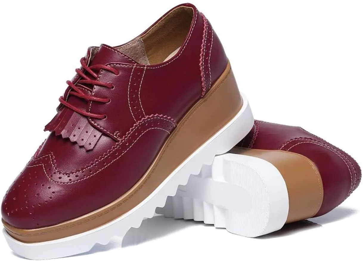 WUIWUIYU Womens Square-Toe Mid Heel Lace Up Brogues Platform Shoes
