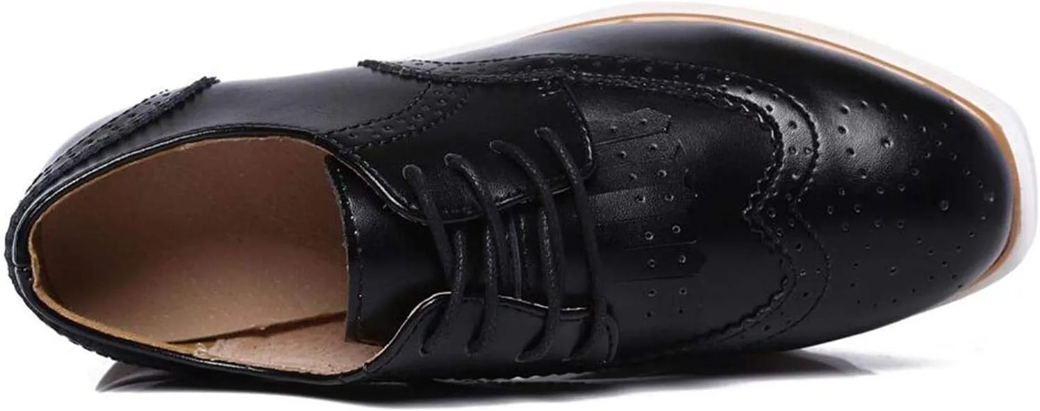 WUIWUIYU Womens Square-Toe Mid Heel Lace Up Brogues Platform Shoes