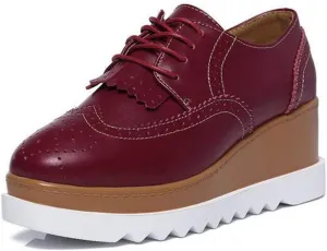 WUIWUIYU Womens Square-Toe Mid Heel Lace Up Brogues Platform Shoes