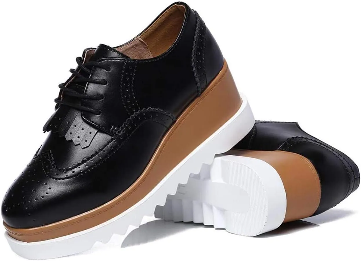 WUIWUIYU Womens Square-Toe Mid Heel Lace Up Brogues Platform Shoes