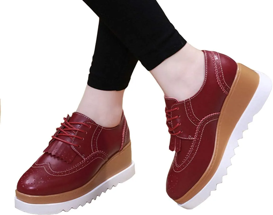 WUIWUIYU Womens Square-Toe Mid Heel Lace Up Brogues Platform Shoes