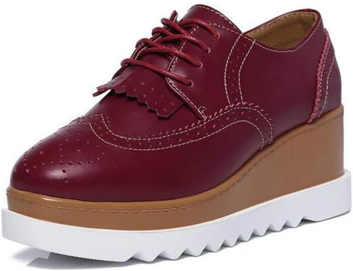 WUIWUIYU Womens Square-Toe Mid Heel Lace Up Brogues Platform Shoes