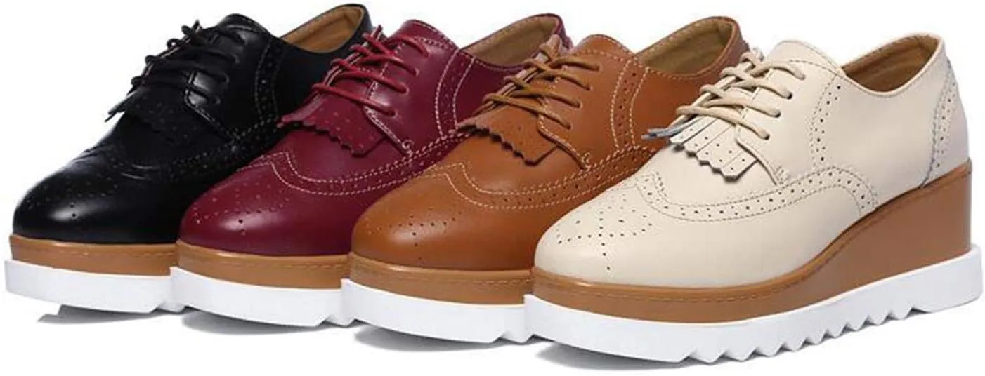 WUIWUIYU Womens Square-Toe Mid Heel Lace Up Brogues Platform Shoes