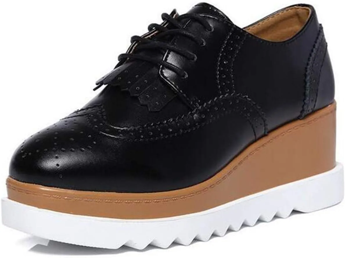 WUIWUIYU Womens Square-Toe Mid Heel Lace Up Brogues Platform Shoes