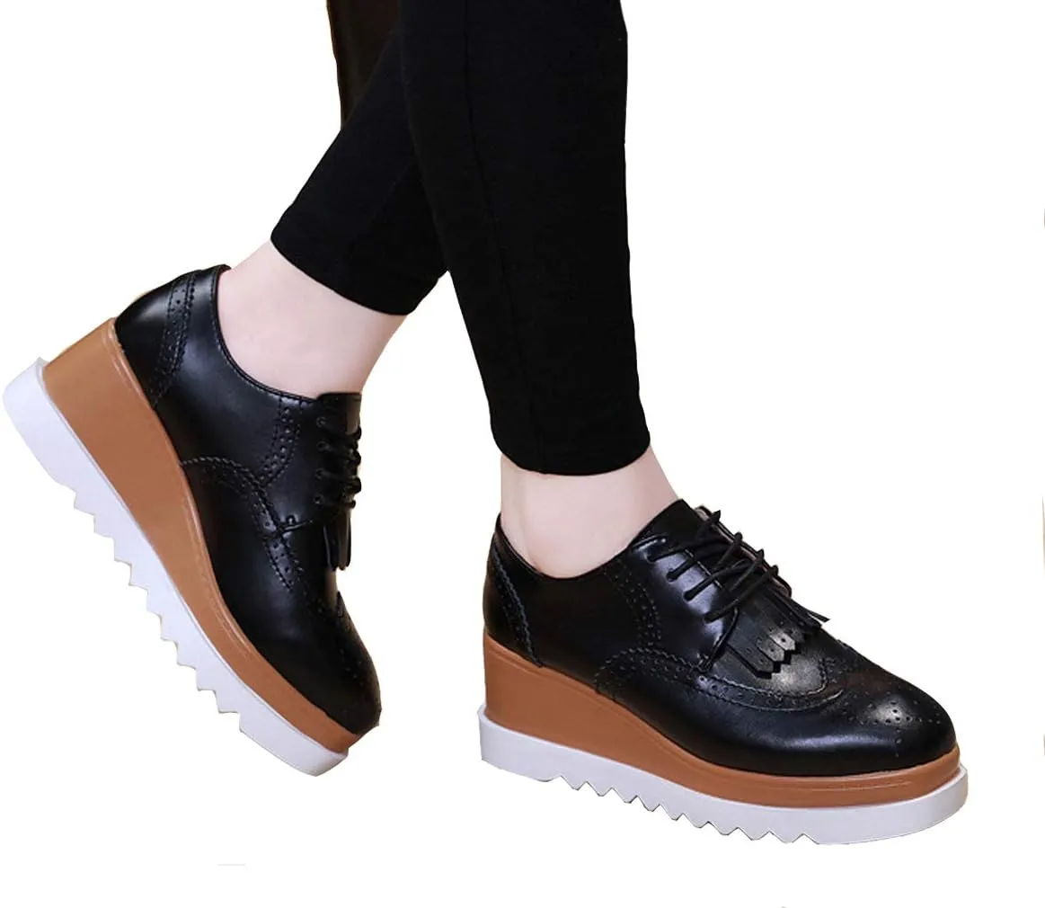 WUIWUIYU Womens Square-Toe Mid Heel Lace Up Brogues Platform Shoes