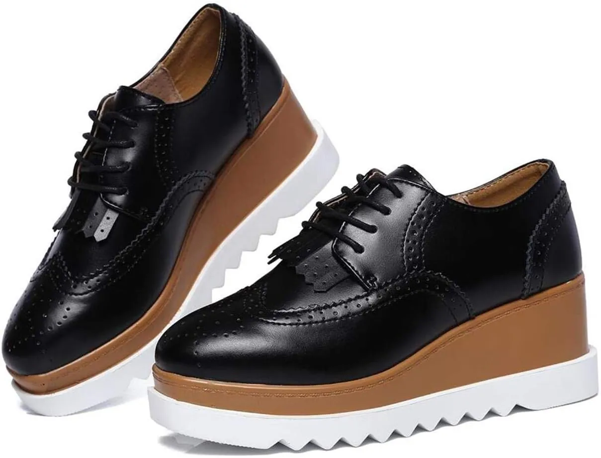 WUIWUIYU Womens Square-Toe Mid Heel Lace Up Brogues Platform Shoes